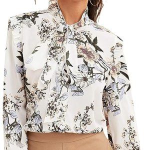Romwe Women's Elegant Floral Print Bow Tie Neck Long Sleeve Blouse Top